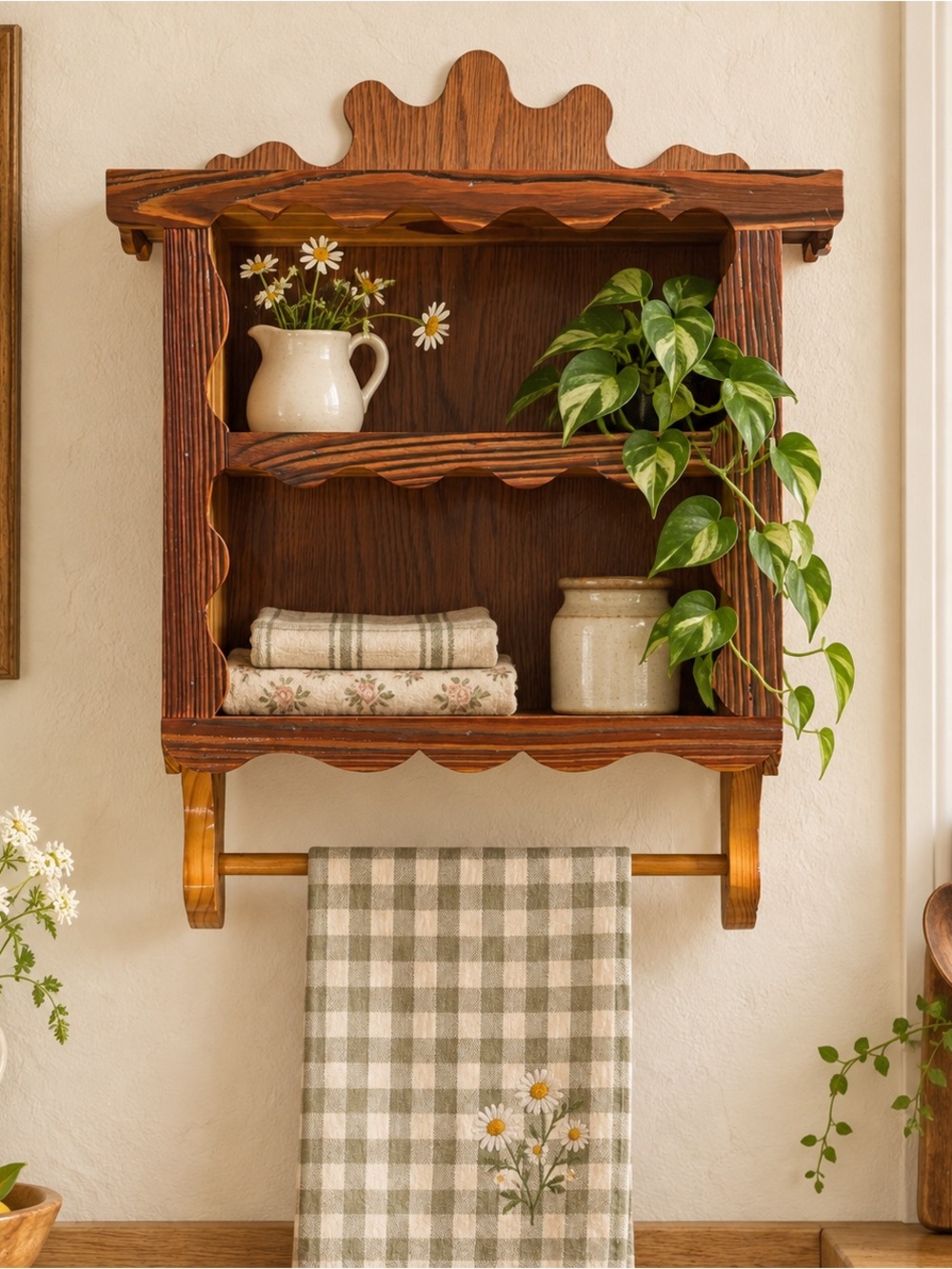 Vintage Wooden Wall Shelf Towel Bar Rustic Country Farmhouse Scalloped